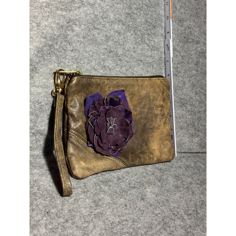 Refind Originals Brown Leather Wristlet Pouch Purple Flower Floral Lining Boho - Picture 5 of 6